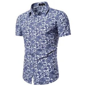 Herren Sommer Freizeit Kurzarm blau weiss floral Print Knopfleiste Hemd fuer den Alltag.