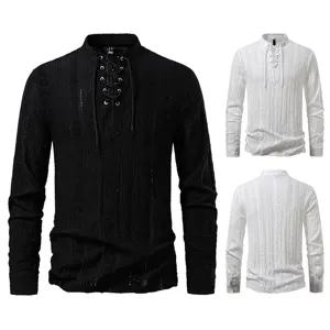 Men Jacquard V-Neck Lacing Long Sleeve Shirt Breathable Polyester Casual Top For Daily Wear Fashion Urban Style Shirt