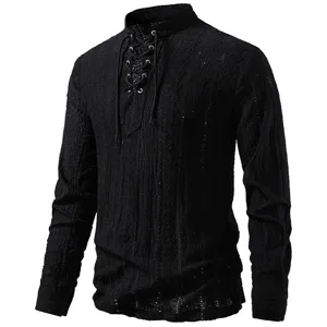 Men's black long sleeve lace-up V-neck shirt, breathable jacquard hollow top main view