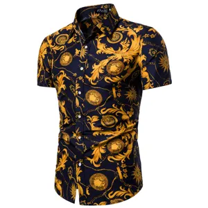 Herren Kurzarm Barock Print Freizeit Hemd Luxus Gold Kette Sommer Mode Oberteil