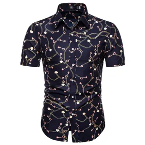 Herren Kurzarm Freizeithemd mit goldenem Kettenmuster Sommer Mode Knopfleiste Oberteil