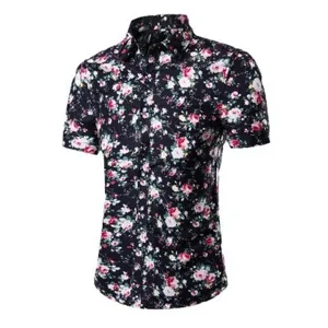 Herren Kurzarm Blumen Freizeit Hemd Sommer Mode schwarz Knopfleiste Freizeithemd.