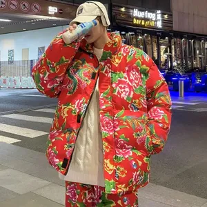 Veste Rembourrée Florale de Style Chinois du Nord-Est pour Hommes Femmes Col Montant Fermeture Éclair Doudoune Pain Veste Chaude d'Hiver