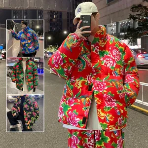 Manteau rembourré à fleurs de style chinois traditionnel, veste d'hiver unisexe.