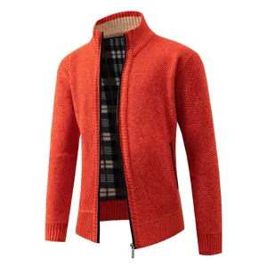 Men's fleece lined knitted cardigan jacket with stand collar and zipper closure detail.