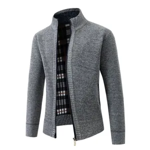 Detailed view of the grey men's knitted cardigan showing the stand collar and plush lining.