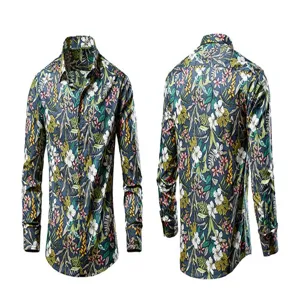 Detailed view of men's floral long sleeve shirt featuring tropical print and casual style.