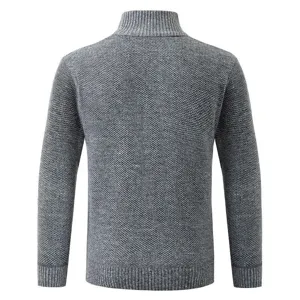 Men's grey mock neck knitwear detail view showing the textured knitted fabric and back design.
