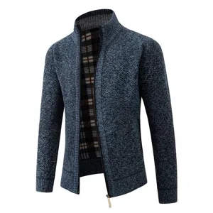 Men's fleece lined stand collar knitted cardigan sweater with warm plaid inner lining.