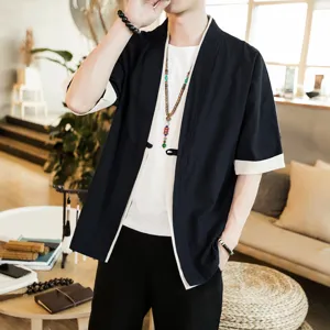 Men chinese style linen cardigan half sleeve casual hanfu outerwear top for spring summer