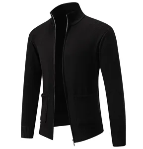 Men's black knitted full-zip cardigan sweater with ribbed stand collar and front pockets.