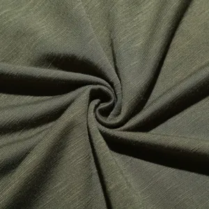 Close-up view of dark green solid knitted fabric texture detail for men's casual t-shirt.