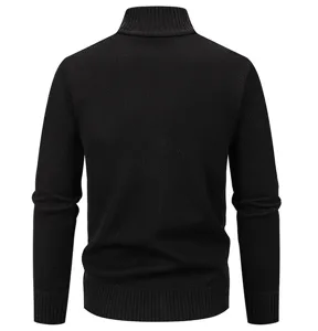 Men's black turtleneck knitted sweater back view, casual solid color winter warm pullover.