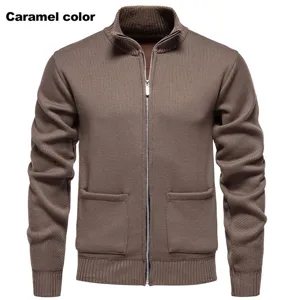 Men caramel color knitted cardigan zip up jacket casual outerwear stand collar pockets