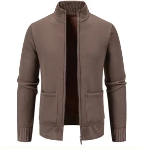 Men's solid brown stand-up collar full zip knit cardigan sweater detailed views.