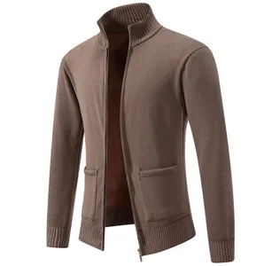 Men's casual stand collar zipper knitted cardigan sweater detailed view showing cozy texture.