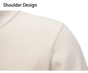 Close-up detail shot of men's casual knit sweater shoulder design in elegant off-white fabric.