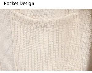 Close up view of the knitted cardigan pocket design, showing fine texture and neat stitching.