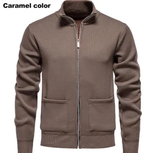 Men's caramel stand collar knit zip cardigan sweater front view. Premium casual outerwear.
