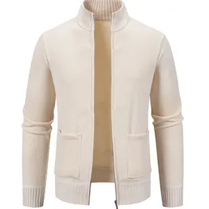 Men's stand-up collar zip knit cardigan sweater, casual long sleeve knitwear in cream color.