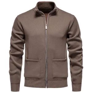 Men stylish stand collar full zip knit cardigan sweater with pockets brown casual daily wear