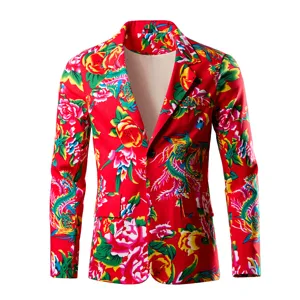 Men's traditional floral print blazer casual vintage Chinese style slim fit suit jacket