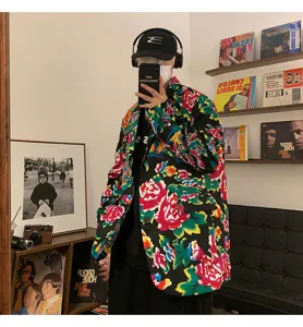 Men floral print blazer jacket Chinese style vintage oversize coat spring autumn apparel