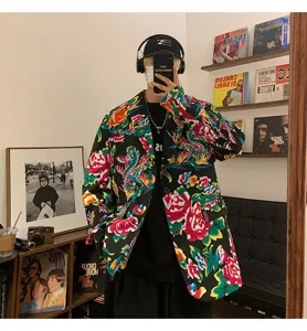 Men's Chinese style floral blazer jacket, stylish loose casual outerwear for spring autumn.