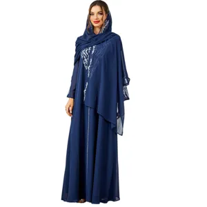 Elegante vestido largo liso bordado de manga larga con hiyab a juego para mujeres.
