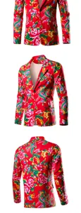 Men casual floral blazer jacket, traditional red peony print fashion outerwear details.