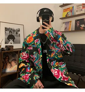 Men retro floral print blazer jacket, loose Chinese style vintage casual coat for spring autumn.