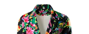 Men's floral print blazer collar detail shot, featuring vibrant traditional Chinese style fabric pattern.