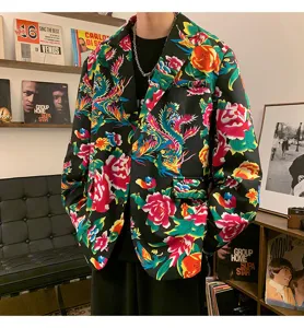Men's floral blazer jacket vintage Chinese style loose casual outerwear for spring autumn