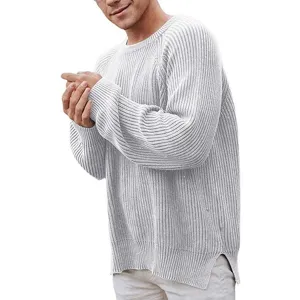 Maglione casual da uomo a coste con scollo rotondo, top a maniche lunghe tinta unita autunno.
