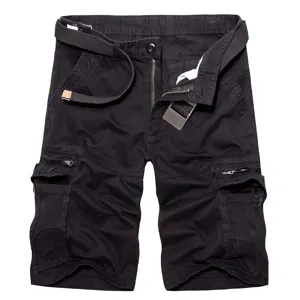 Pantalones cortos cargo negros casuales para hombre, algodón multi-bolsillos tácticos.
