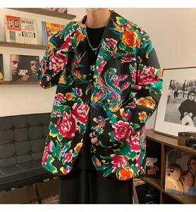Men's colorful floral print blazer jacket retro Chinese style loose casual outerwear.