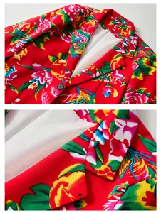 Close-up detail shot of red floral print men casual blazer lapel and button craft design.