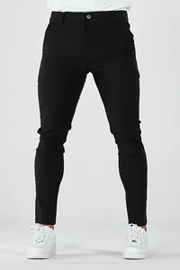 Detailed view of men's black slim fit casual trousers, elastic stretch fabric for comfort.