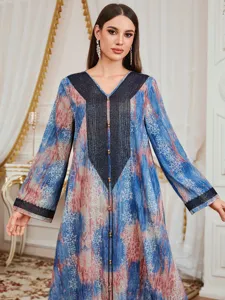 Vestido maxi largo estampado vintage cuello V manga larga elegante moda mujer caftán