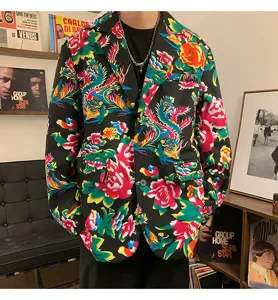 Men's retro floral print blazer jacket, Chinese style colorful streetwear casual outerwear detail.