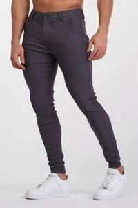 Men's dark grey slim fit stretch casual trousers, comfortable fabric, versatile style detail.