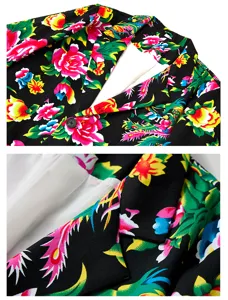 Men's floral blazer detail shot, vibrant peony print stylish casual suit jacket fabric.