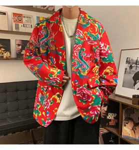 Detail shot of men's colorful floral blazer jacket in Chinese style with vintage design.