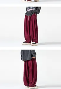 Vista detallada de pantalones bombachos holgados de color burdeos liso para hombre en otoño.