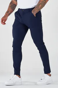 Men's dark blue slim fit casual trousers detail, stretch fabric, comfortable daily wear.
