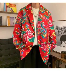 Men vintage floral print blazer jacket Chinese style loose casual outerwear detail view