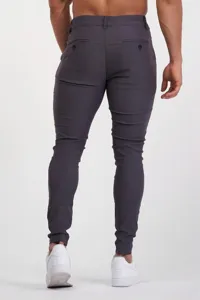 Men's slim fit stretch casual trousers back detail, professional studio photography.