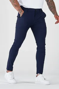 Men's slim fit casual trousers, elastic stretch fabric, deep blue straight long pants style.