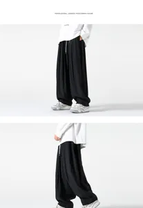 Pantalón ancho negro de hombre estilo retro japonés pantalón holgado de detalle