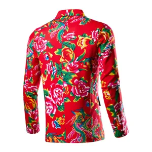 Mens floral print blazer jacket casual stylish red traditional Chinese style detail view back
